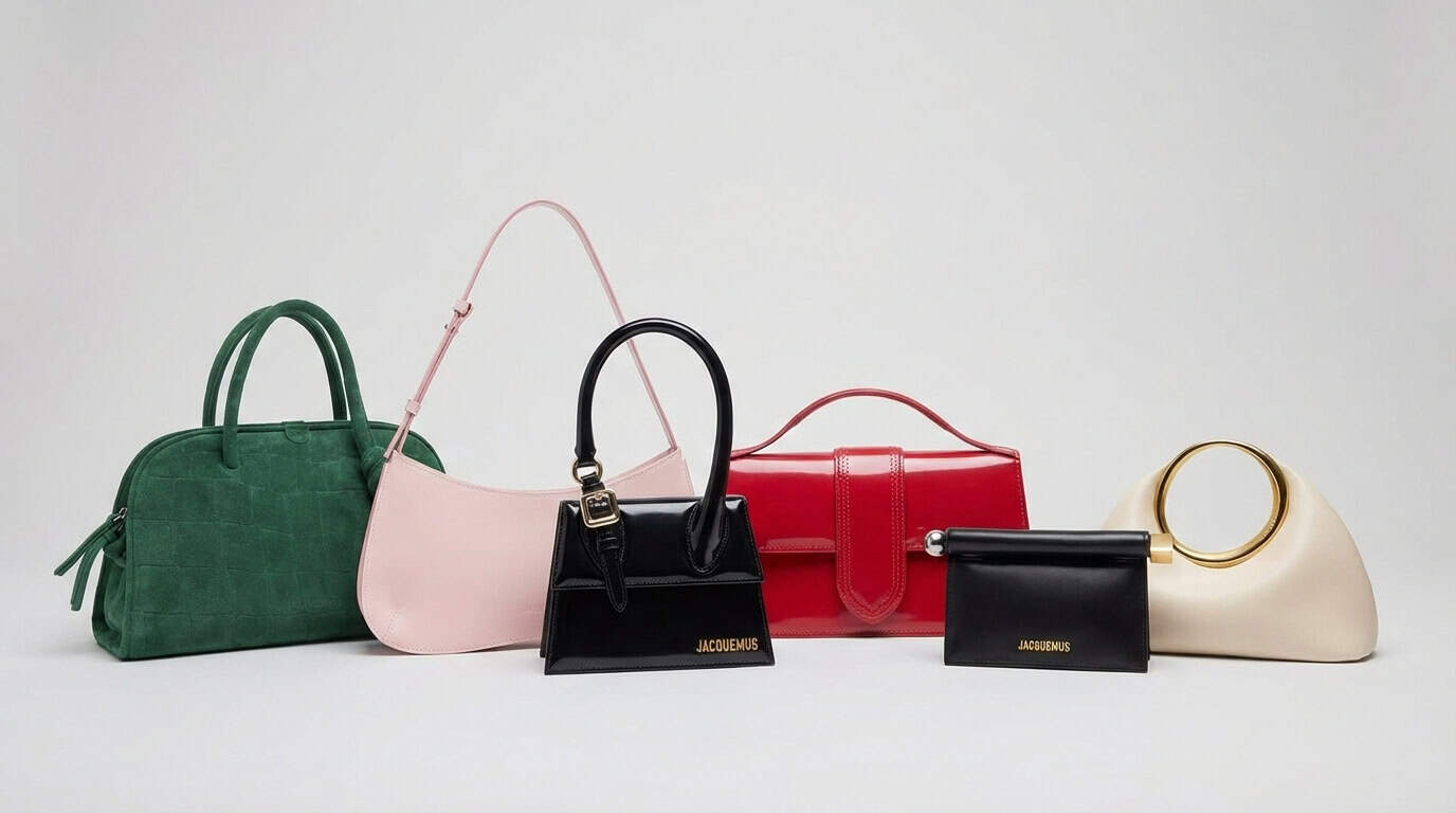 Assortment of Jacquemus handbags in various colors and styles, including green textured, pink shoulder, black mini, red rectangular, black wallet, and beige sculptural designs for minimalist luxury fashion.