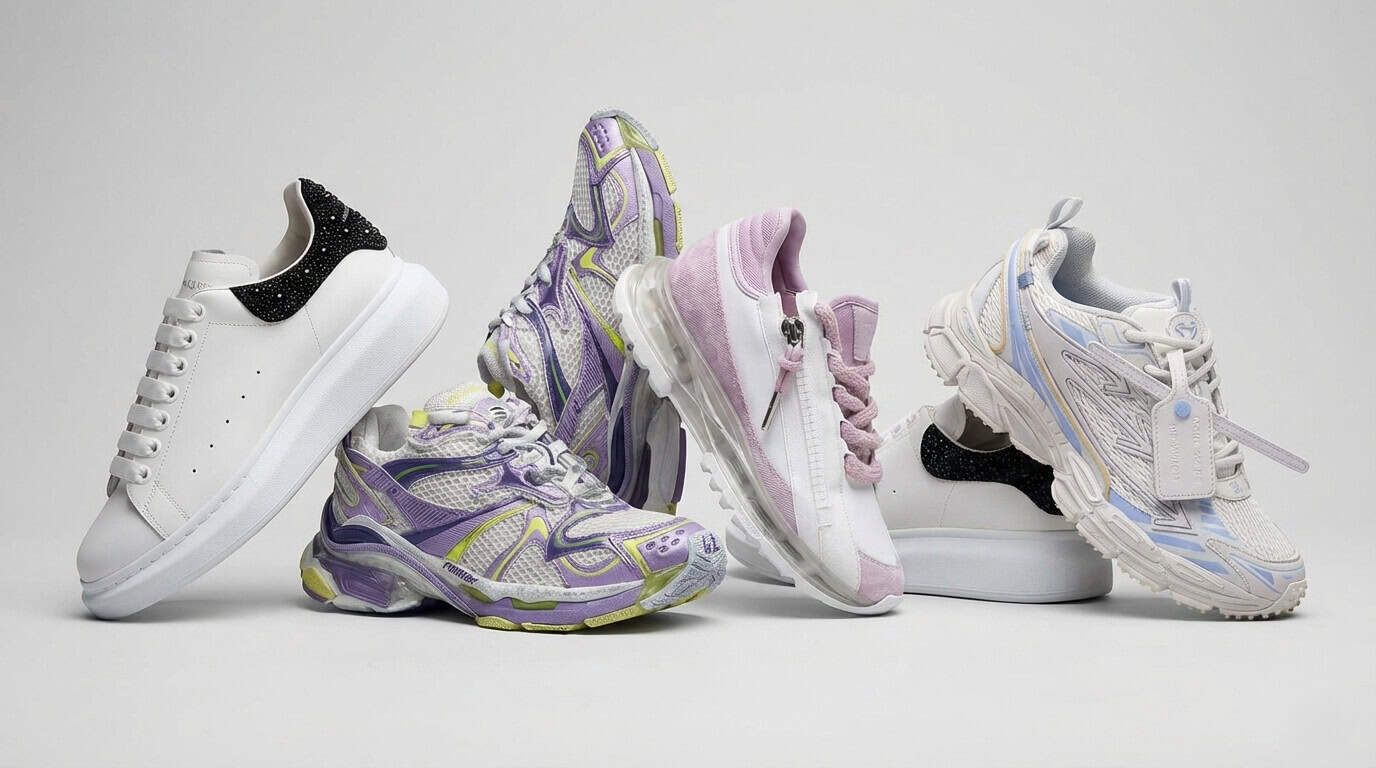 Collection of luxury sneakers showcasing minimalist and maximalist trends for spring 2026, including oversized platforms from McQueen and chunky mesh designs from Balenciaga.