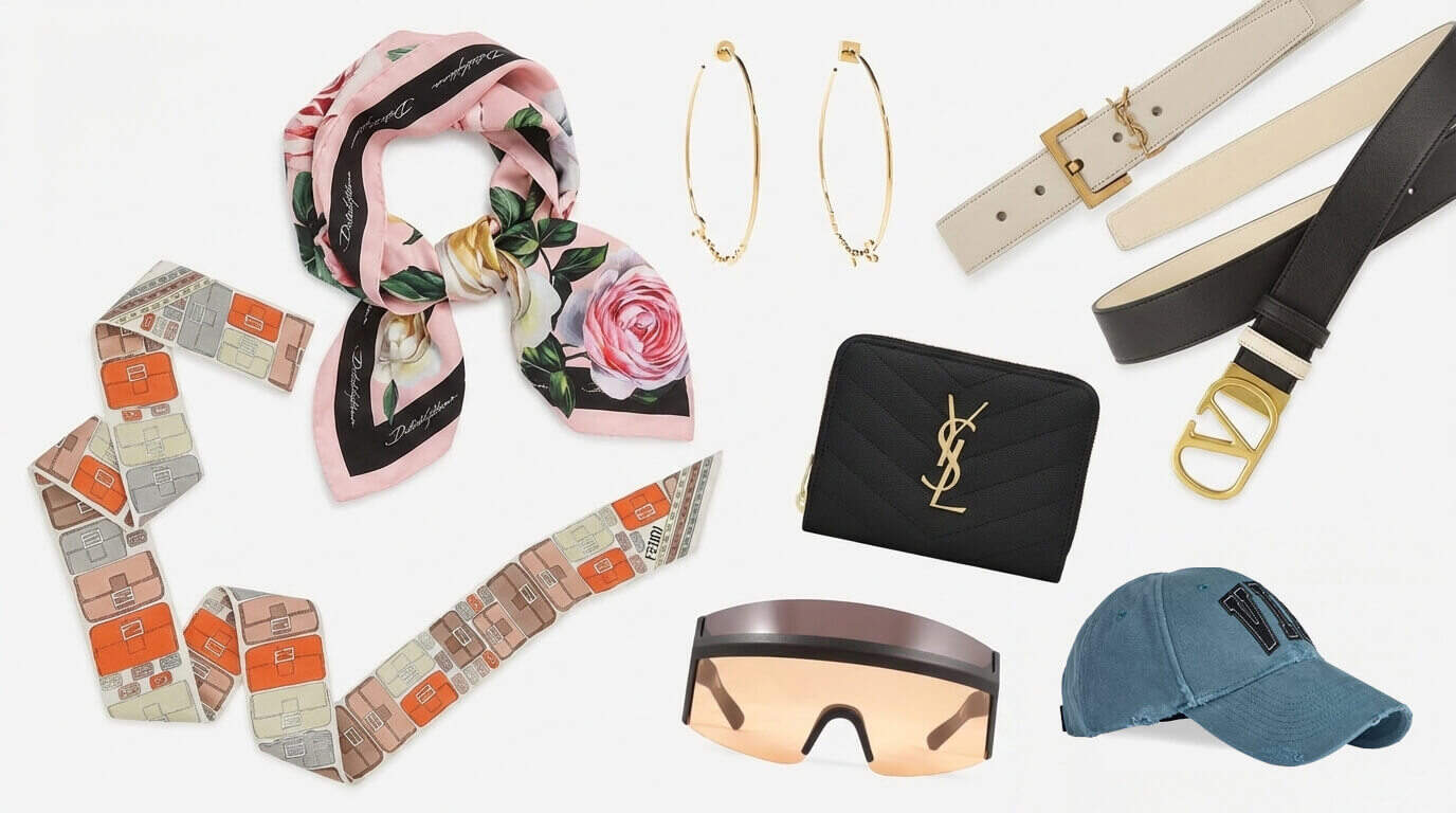 Assortment of luxury accessories including floral scarves from Dolce&Gabbana and Fendi, gold hoop earrings from Jacquemus, quilted wallet and belt from Saint Laurent, V-logo belt and cap from Valentino, and futuristic shield sunglasses from Mykita for versatile styling.