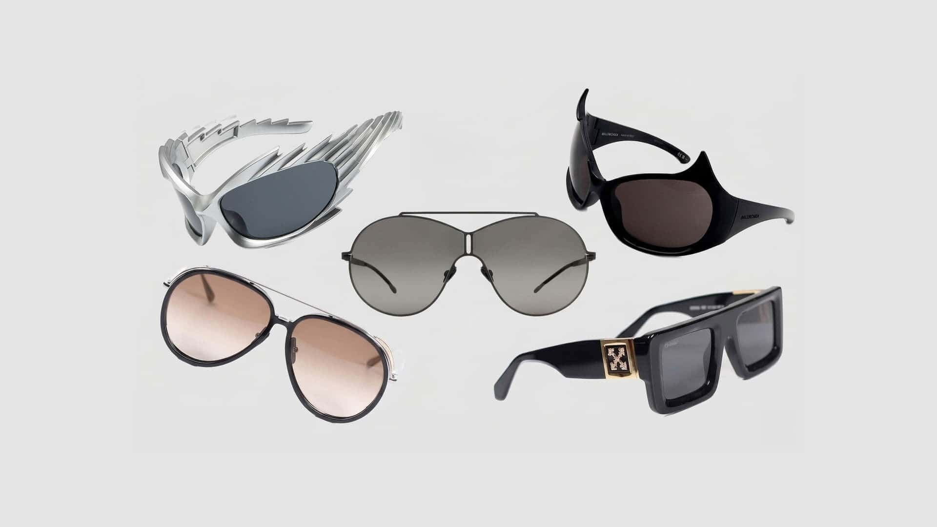 Collection of luxury sunglasses featuring bold futuristic designs from Mykita, cat-eye and aviator styles from Balenciaga, rectangular frames with Off-White logo, and elegant aviators from Linda Farrow.