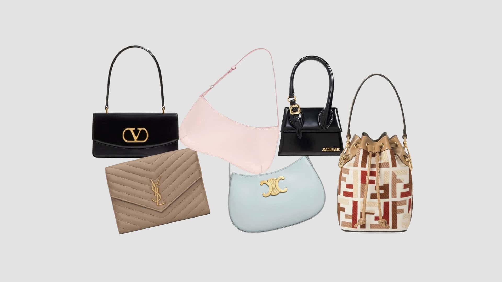 Collection of luxury handbags from Celine, Fendi, Jacquemus, Saint Laurent and Valentino in soft pastel and classic tones, featuring the Celine Triomphe, Fendi patterned bucket bag, Jacquemus black mini, Saint Laurent quilted envelope and Valentino black shoulder bag.