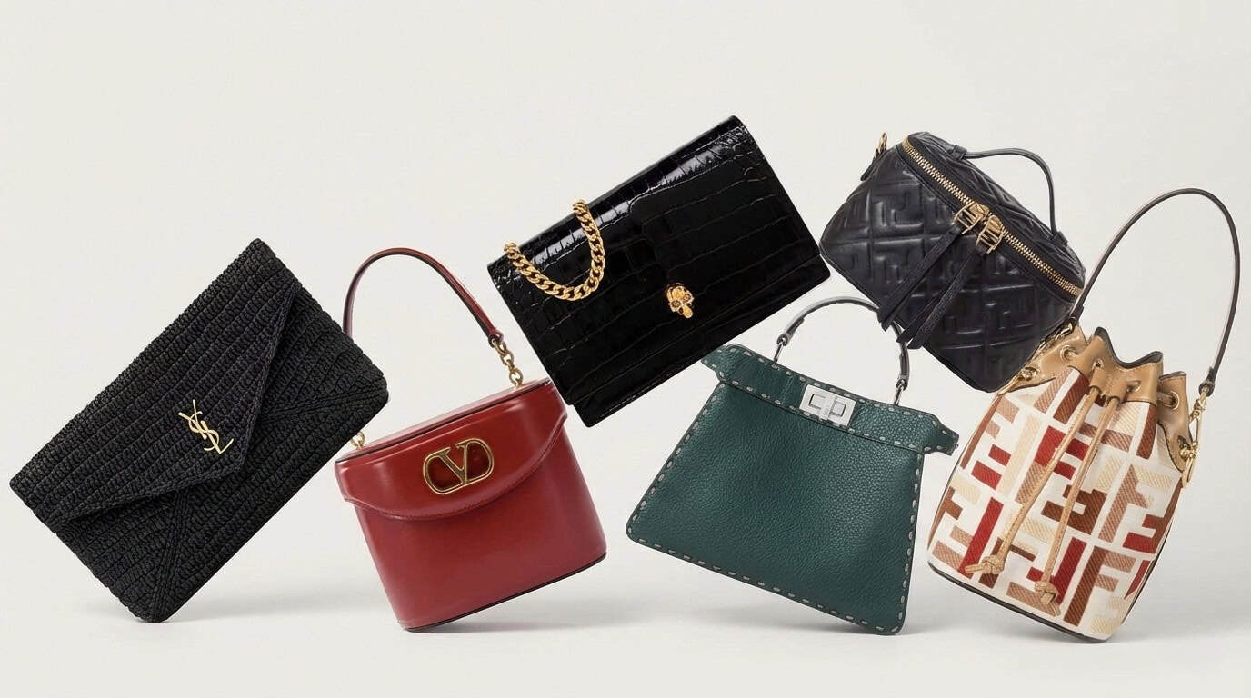Collection of luxury handbags from Saint Laurent, Valentino, McQueen, and Fendi, featuring textured black clutches, red structured minis, black chain-strap with skull detail, green quilted crossbodies, and beige patterned bucket bags for elevated style.