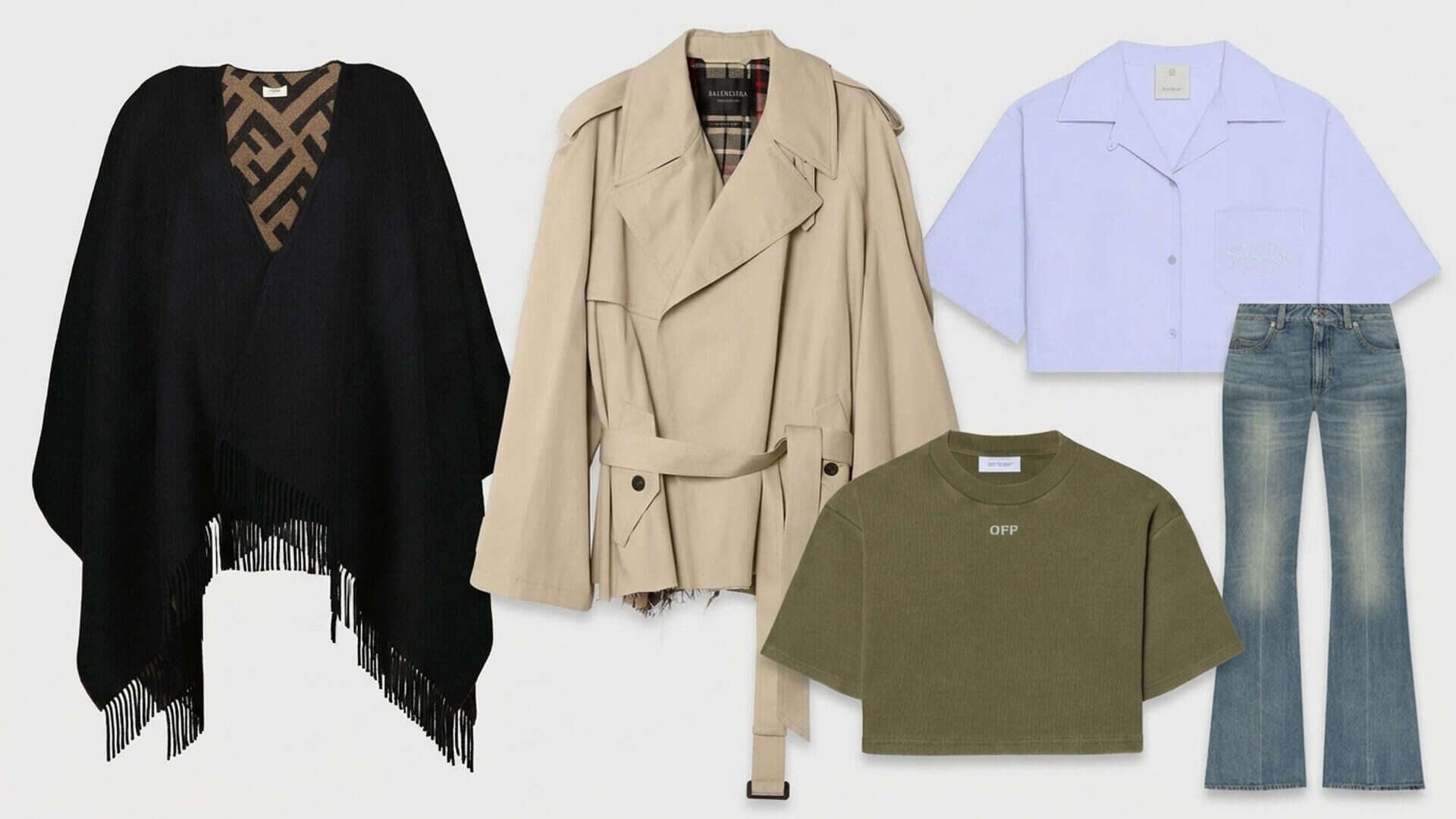 Curated luxury outfit featuring a black fringed poncho from Fendi, beige trench coat from Balenciaga, light purple short-sleeve shirt from Givenchy, olive green crop tee from Off-White, and classic blue jeans for effortless everyday layering.