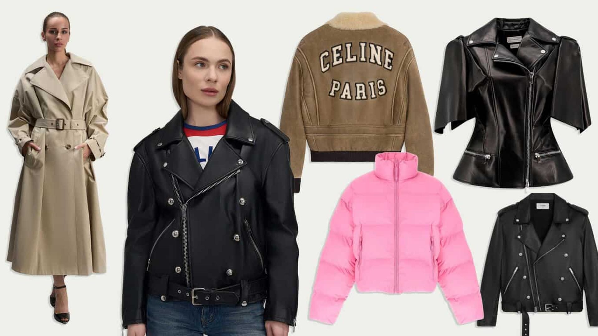 Designer jackets for women 2026 — Balenciaga trench coat, McQueen leather, Céline biker and puffer