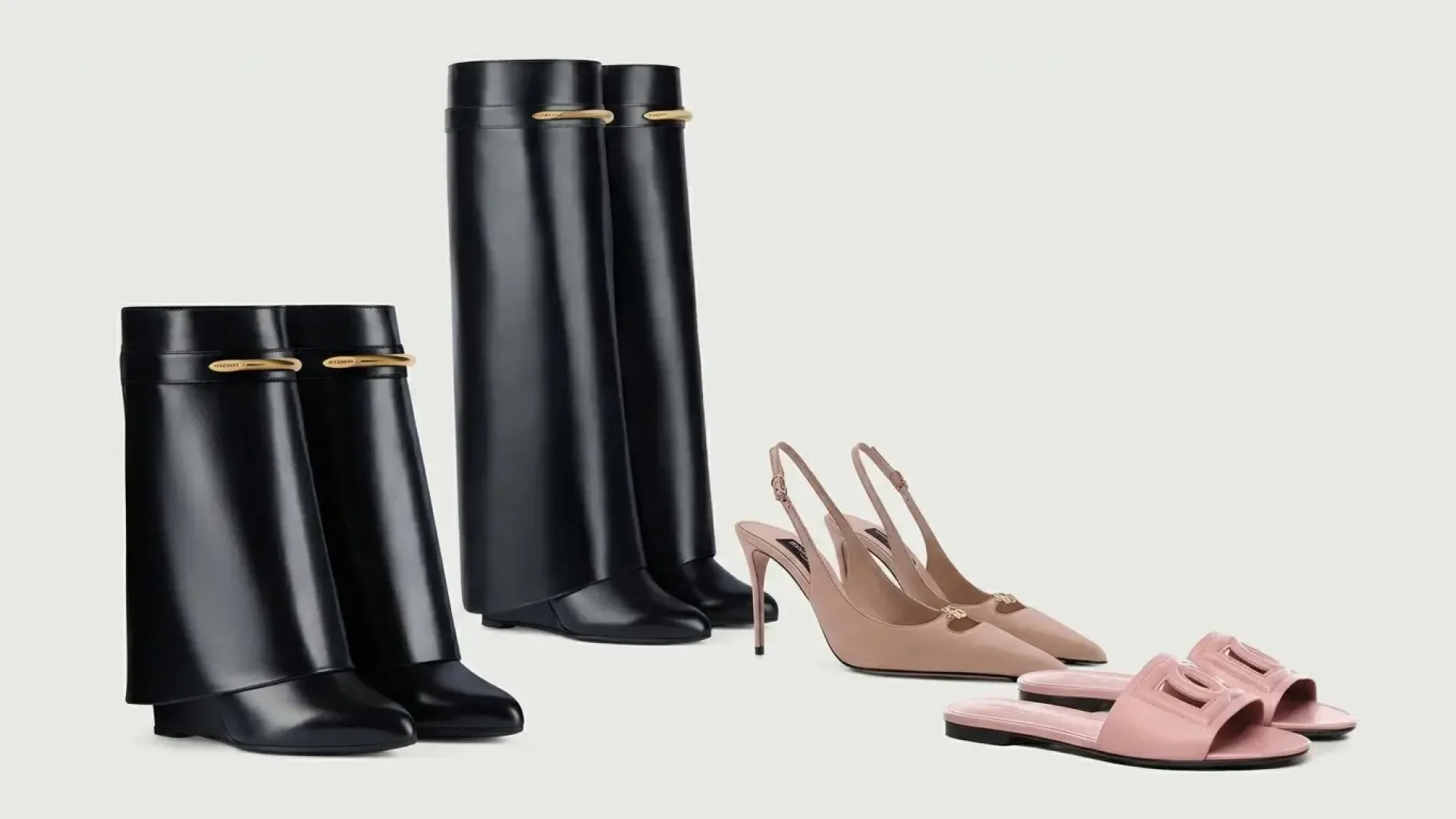Givenchy Shark Boots in black leather with Dolce&Gabbana pink slingback pumps and logo slides, 2026