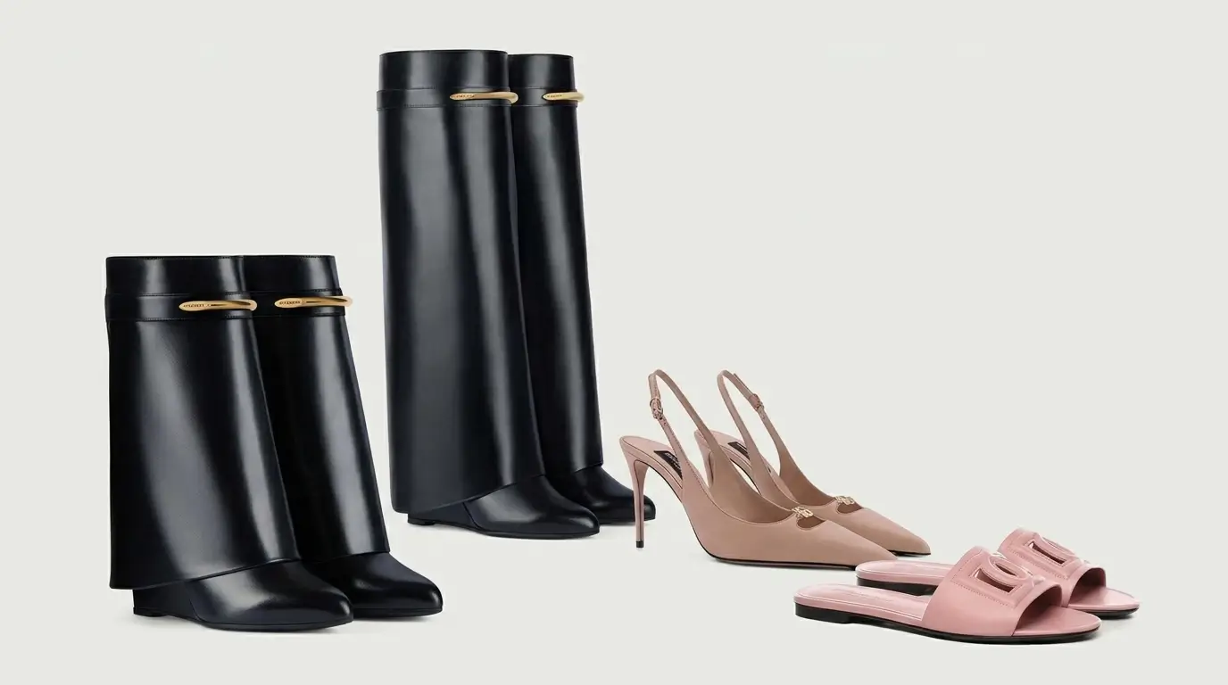 Givenchy Shark Boots in black leather with Dolce&Gabbana pink slingback pumps and logo slides, 2026