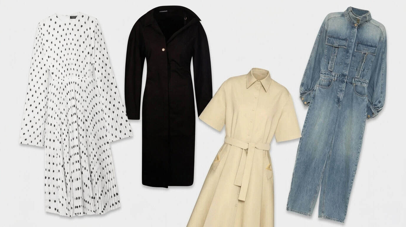 Polka dot pleated dress, black coat dress, beige belted shirt dress, and a luxury denim jumpsuit for women.