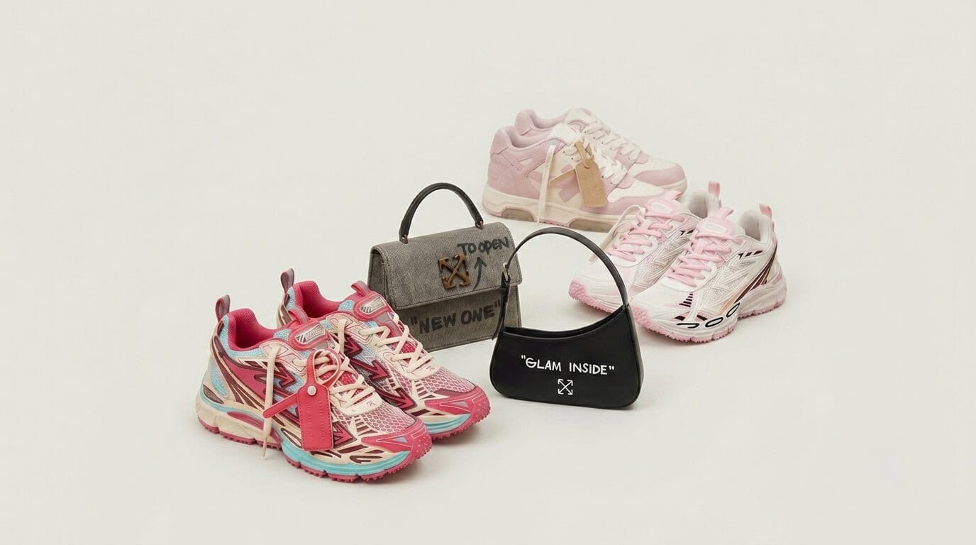 Off-White sneakers and bags 2026 — Be Right Back, Out Of Office, Jitney denim and black shoulder bag