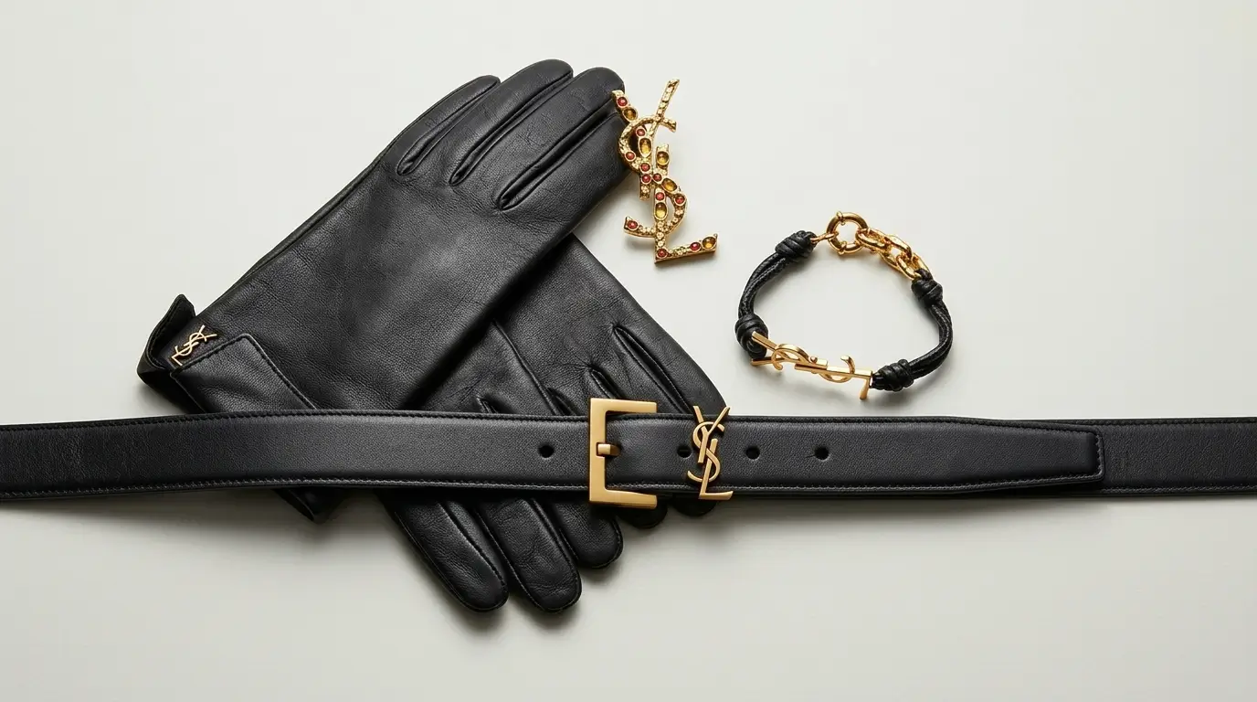 Saint Laurent Cassandre monogram on black leather belt, gloves, bracelet and brooch, 2026