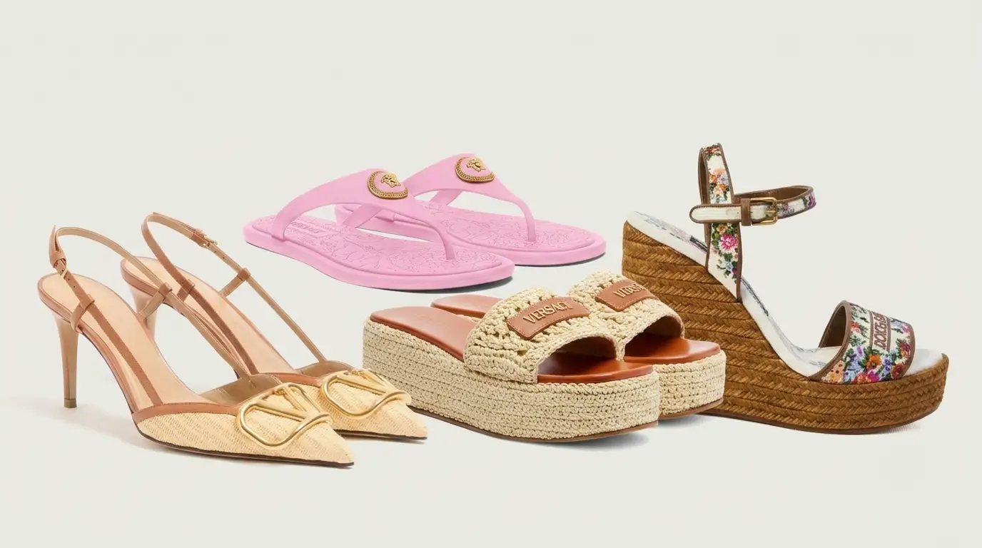 Poolside sandals 2026 — Valentino VLogo raffia heels, Versace Medusa slides, Dolce&Gabbana floral wedges