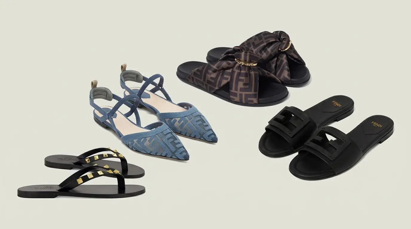 Valentino studded thong sandals with Fendi FF satin slides and logo slides, flat shoes 2026