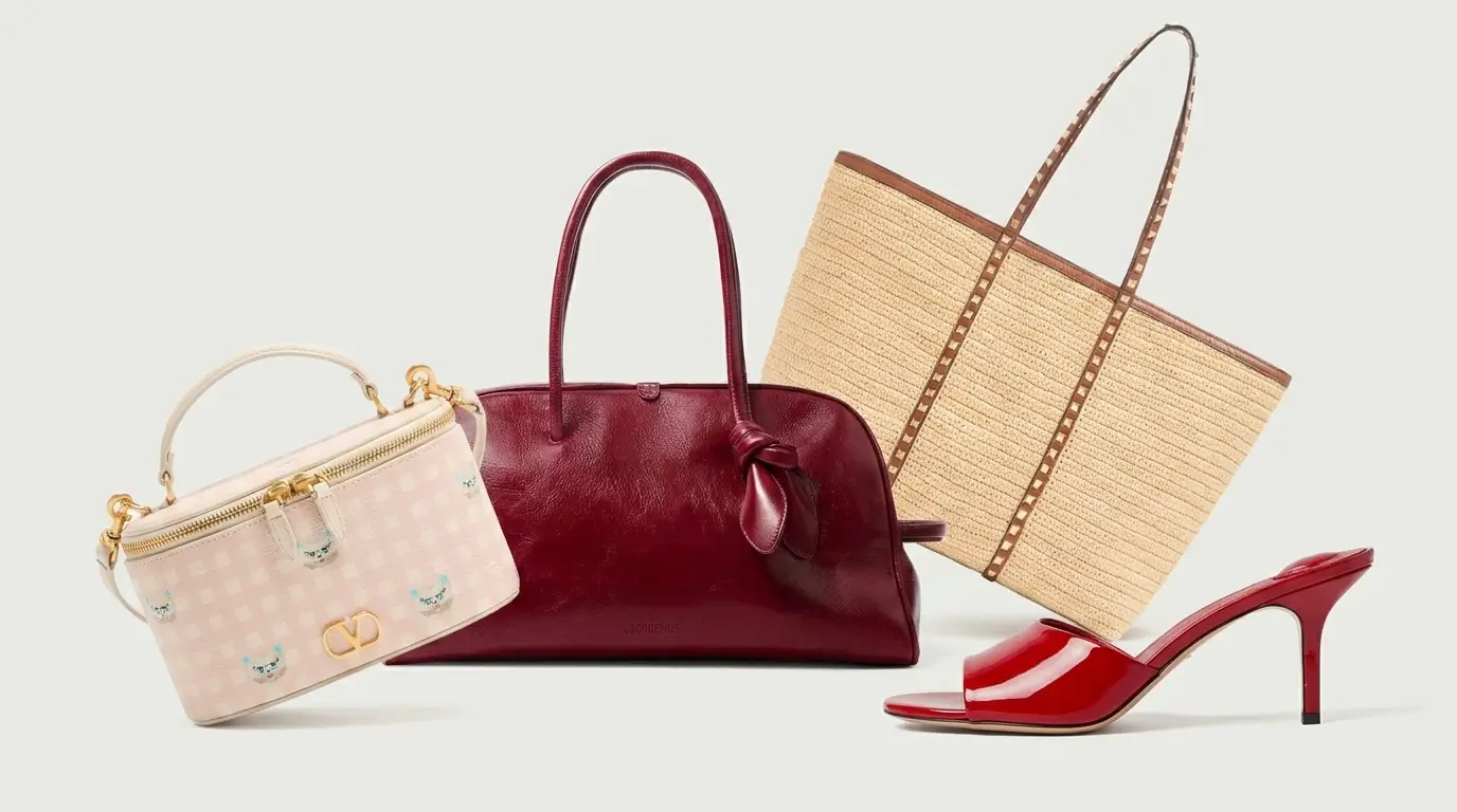 Valentino and Jacquemus summer 2026 — straw tote, VLogo vanity bag, burgundy leather bag, red sandal