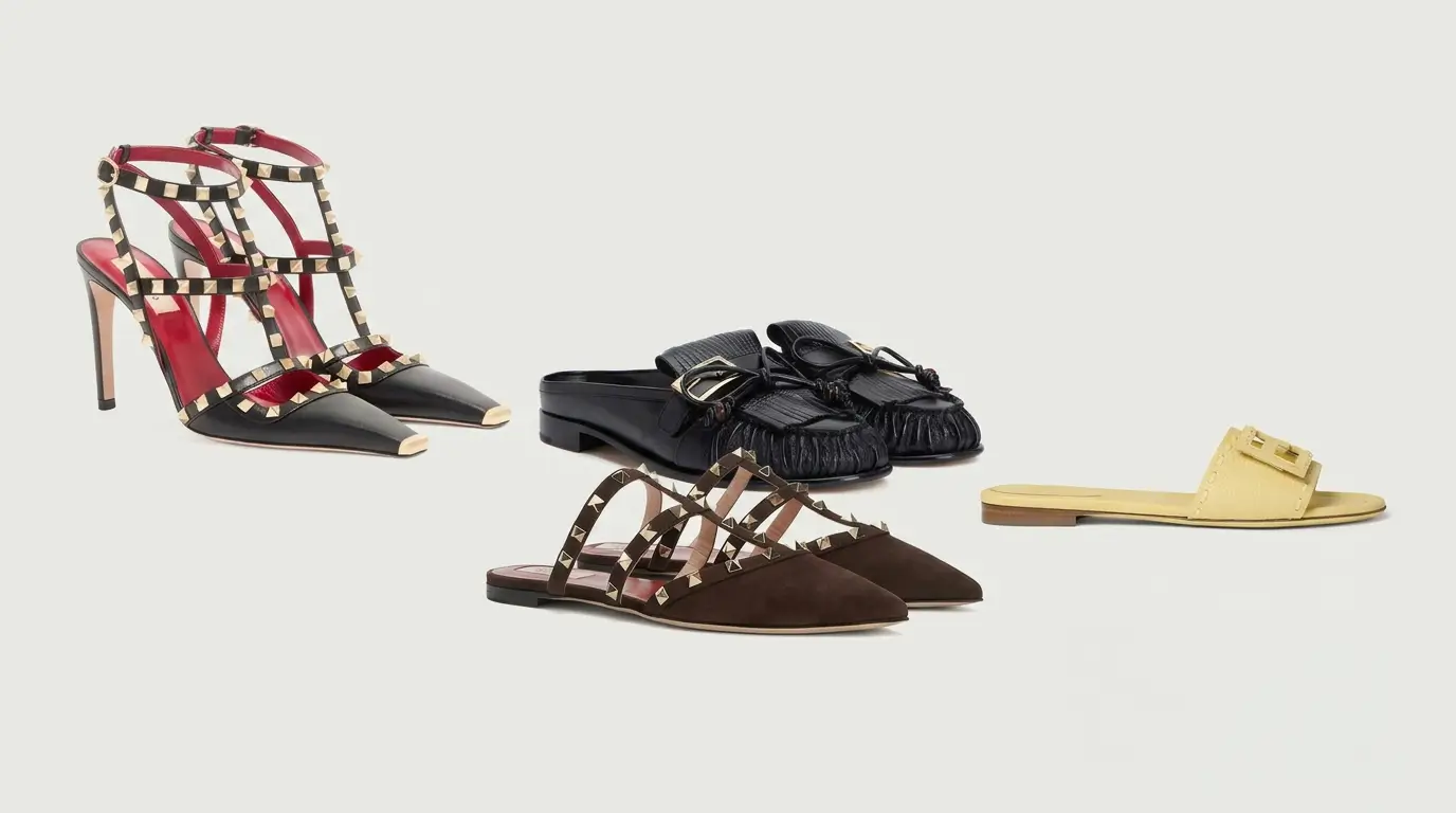 Valentino Rockstud heels and flat mules with Fendi Baguette sabots and yellow Tube slide, 2026