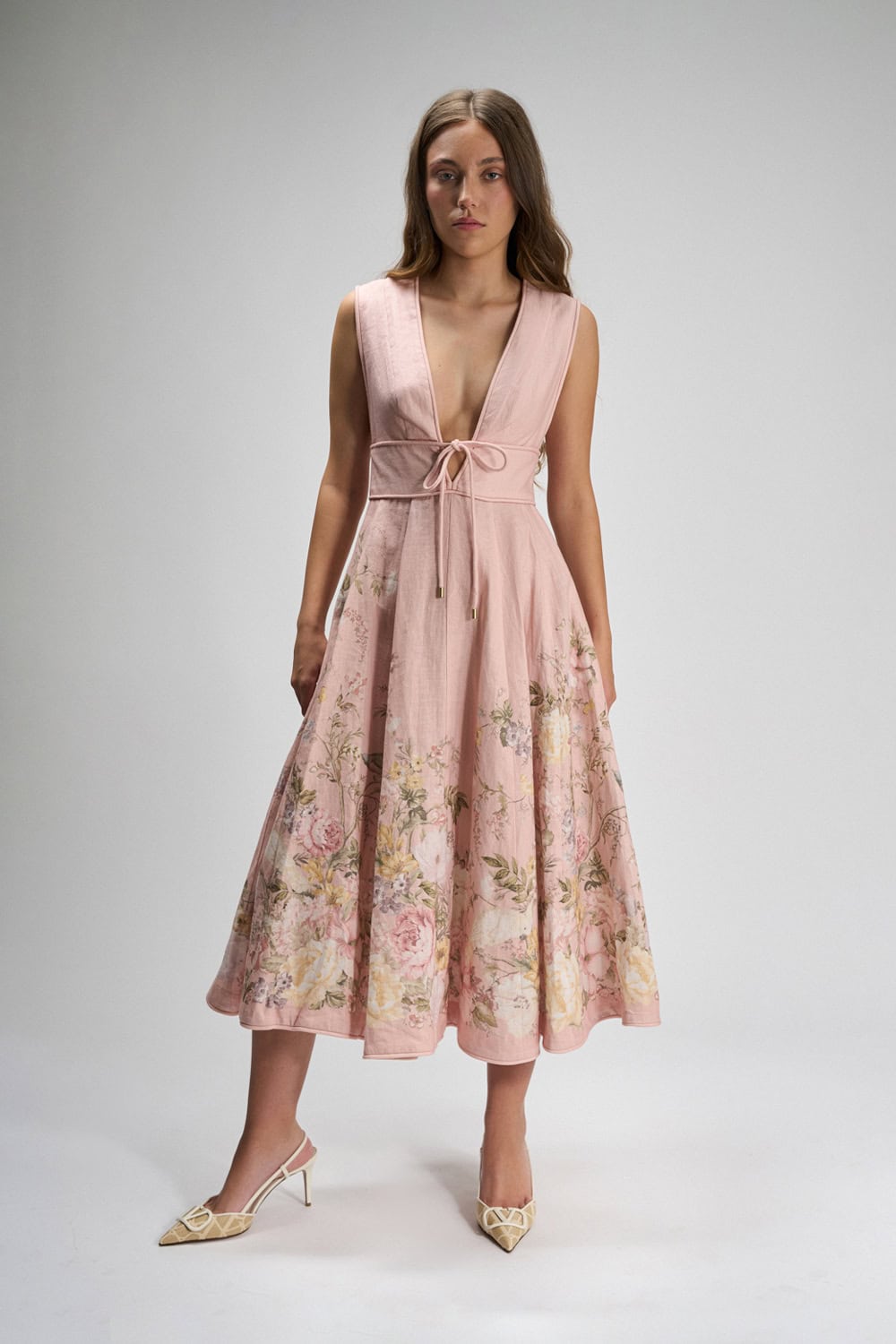 knee length dresses for ladies Zimmermann Rosa Midi Dress Pink Floral Print Linen Size 0 – Celebrity Owned main image 1